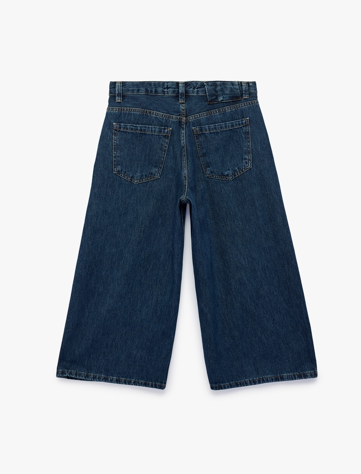  Normal Bel Cepli Rahat Kalıp Pamuklu Krop Geniş Paça Denim Pantolon - Culotte Jeans