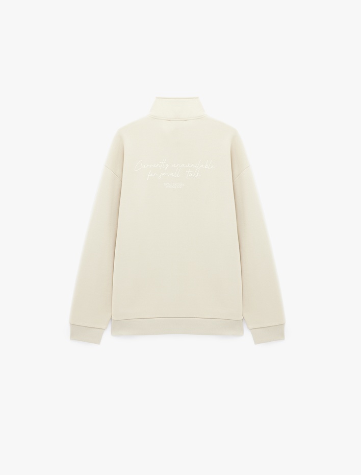  Uzun Kollu Üç İplik Şardonlu Rahat Kalıp Baskılı Yarım Fermuarlı Yaka Sweatshirt