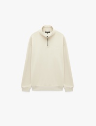 Uzun Kollu Üç İplik Şardonlu Rahat Kalıp Baskılı Yarım Fermuarlı Yaka Sweatshirt