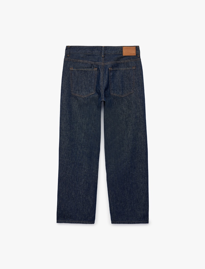  Düşük Bel Nervürlü Pamuklu Düz Paça Denim Pantolon - Straight Fit Jean