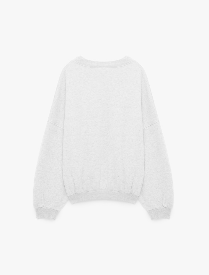  Pamuklu V Yaka Uzun Kollu Baskılı Oversize Sweatshirt