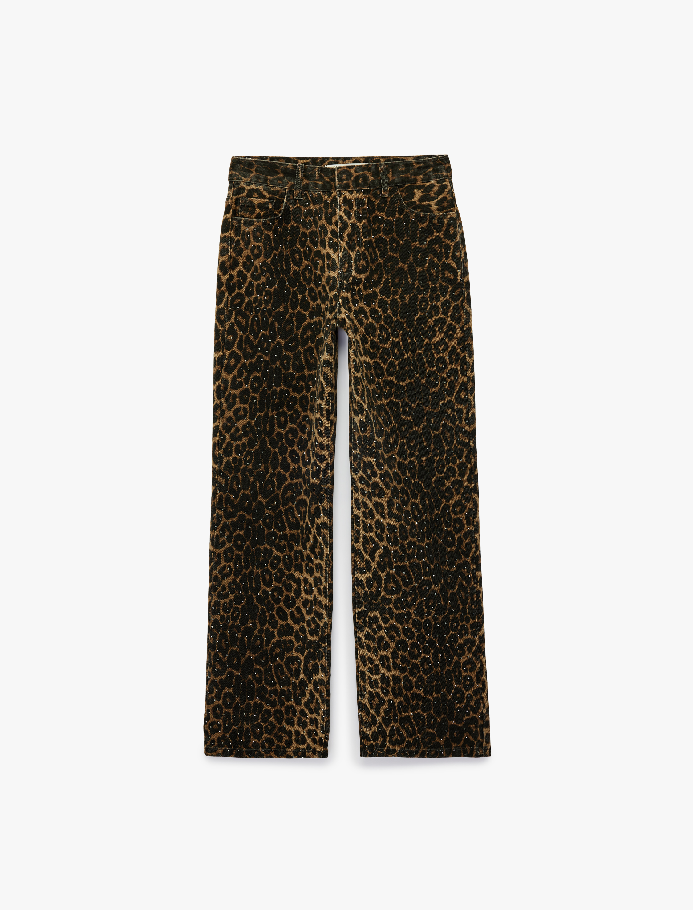   Pamuklu Düğmeli Cepli Taş Detaylı Düz Paça Leopar Pantolon - Longer Straight Jeans