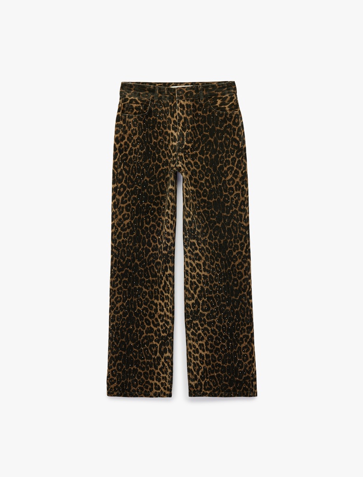  Pamuklu Düğmeli Cepli Taş Detaylı Düz Paça Leopar Pantolon - Longer Straight Jeans