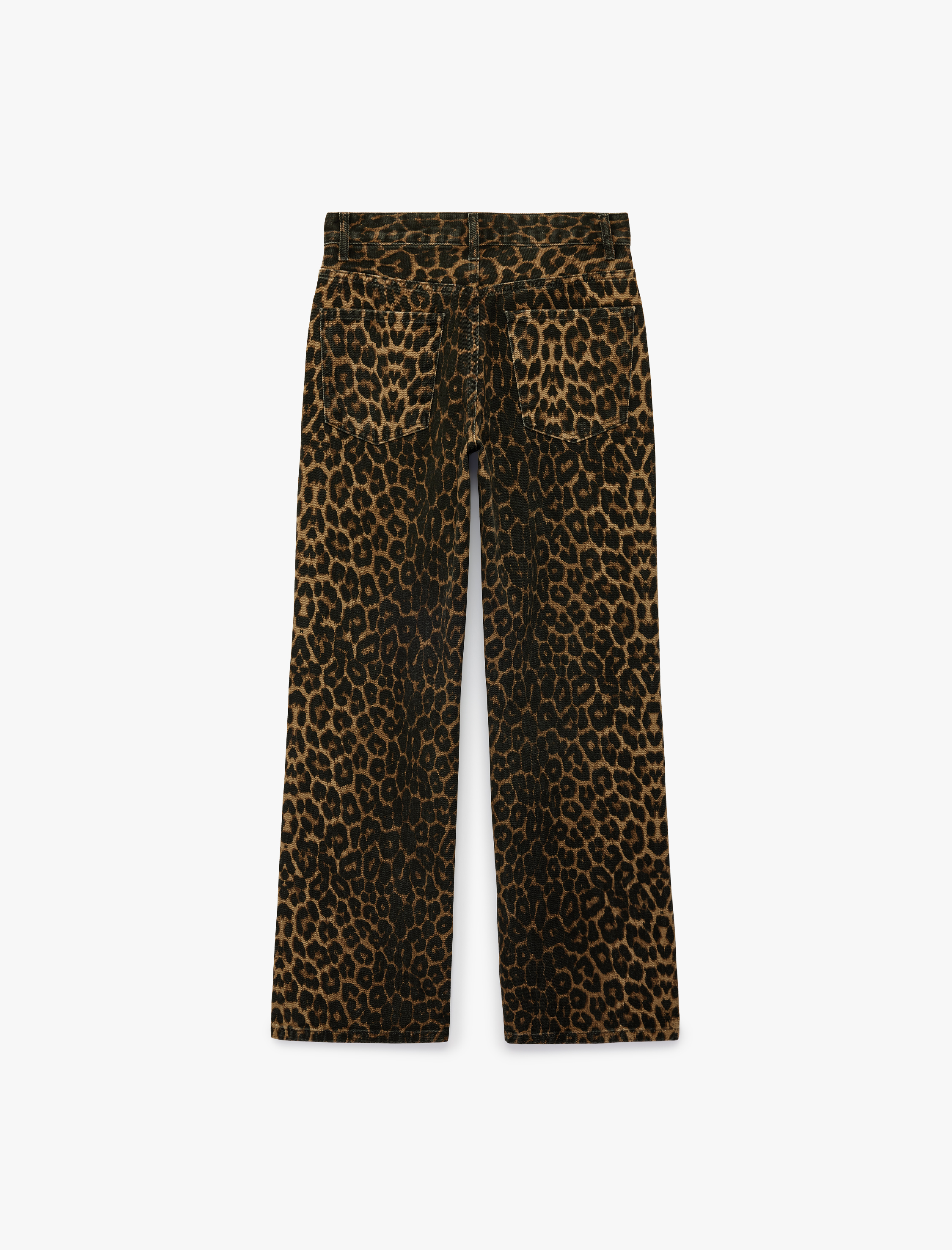   Pamuklu Düğmeli Cepli Taş Detaylı Düz Paça Leopar Pantolon - Longer Straight Jeans