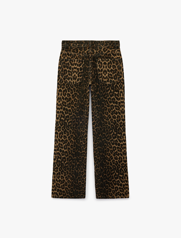  Pamuklu Düğmeli Cepli Taş Detaylı Düz Paça Leopar Pantolon - Longer Straight Jeans