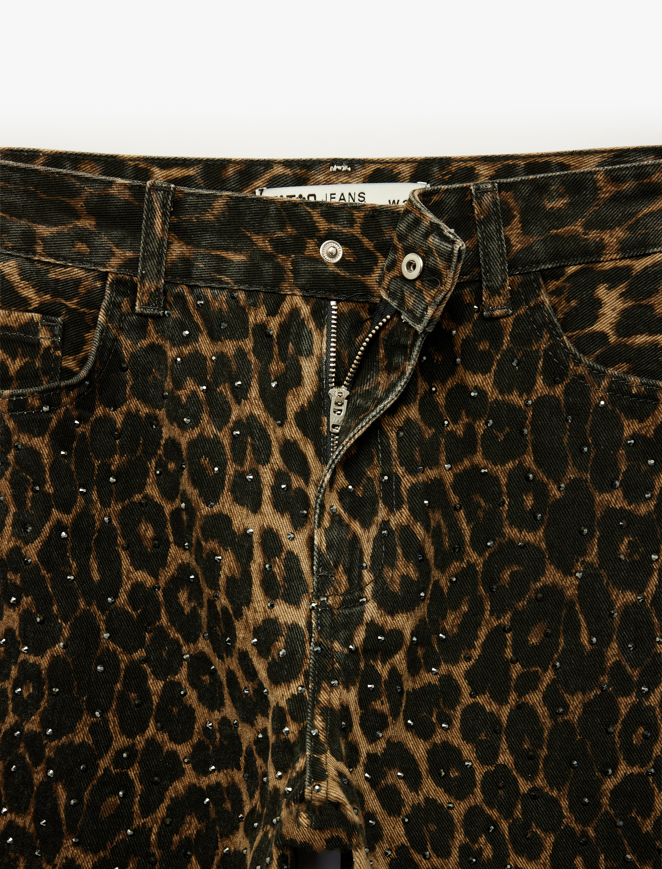  Pamuklu Düğmeli Cepli Taş Detaylı Düz Paça Leopar Pantolon - Longer Straight Jeans