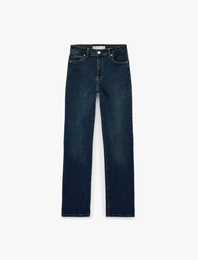 Slim Fit Düğmeli Pamuklu Cepli Düz Paça Denim Pantolon - Straight Fit Jean