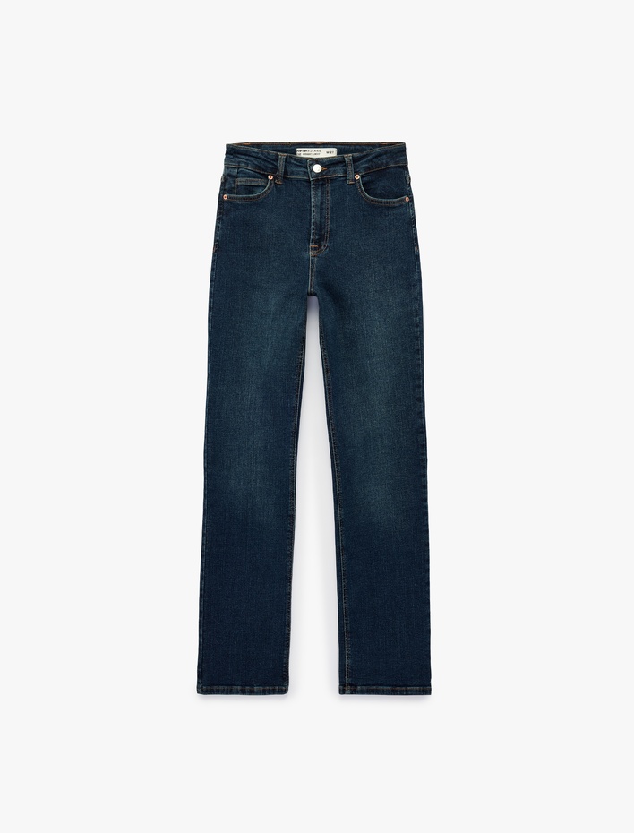  Slim Fit Düğmeli Pamuklu Cepli Düz Paça Denim Pantolon - Straight Fit Jean