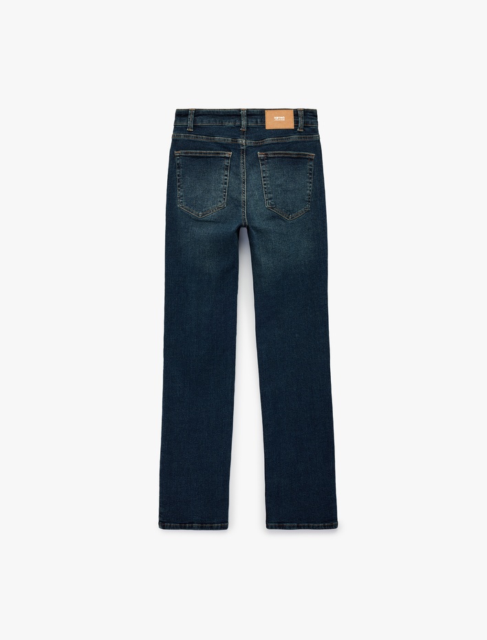  Slim Fit Düğmeli Pamuklu Cepli Düz Paça Denim Pantolon - Straight Fit Jean
