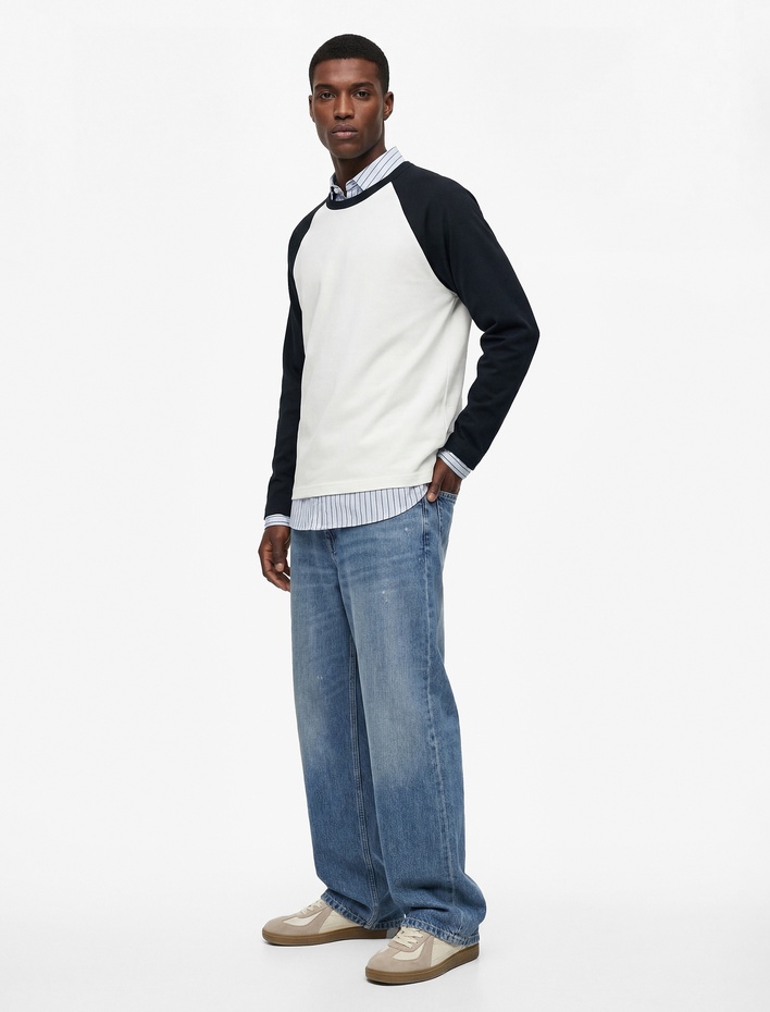  Regular Fit Pamuklu Bisiklet Yaka Renk Kontrastlı Reglan Uzun Kollu Tişört
