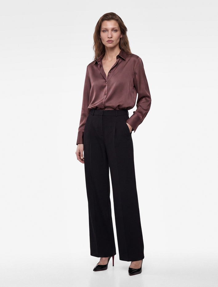  Yüksek Bel Cepli Regular Fit Geniş Paça Kumaş Pantolon