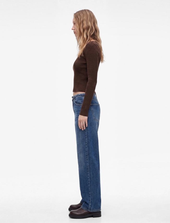  Pamuklu Fermuarlı Düşük Bel Düğmeli Baggy Denim Pantolon - Baggy Jeans