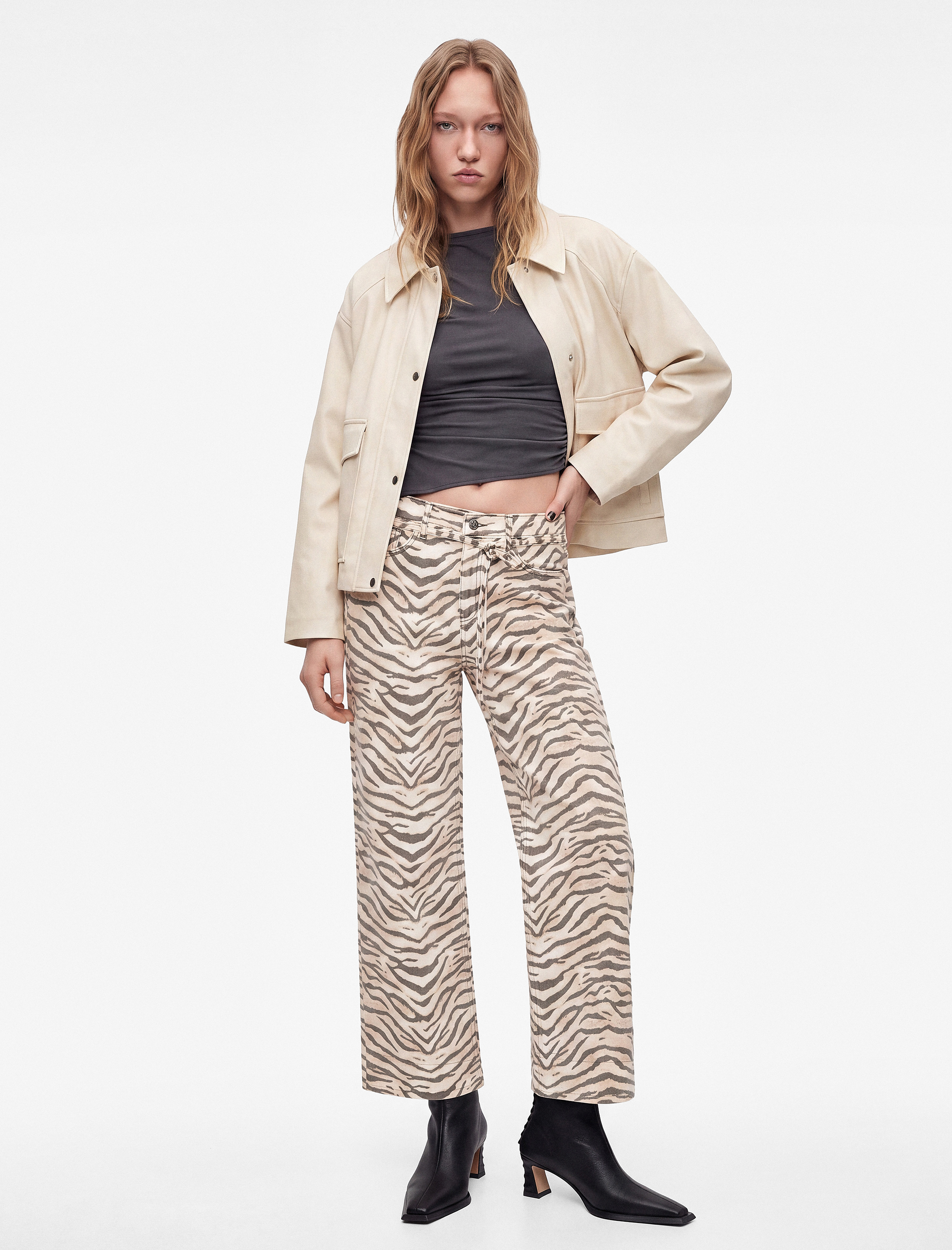 Koton Cepli Zebra Desenli Normal Bel Bağcıklı Pamuklu Geniş Paça Denim Pantolon - Wide Leg Jeans