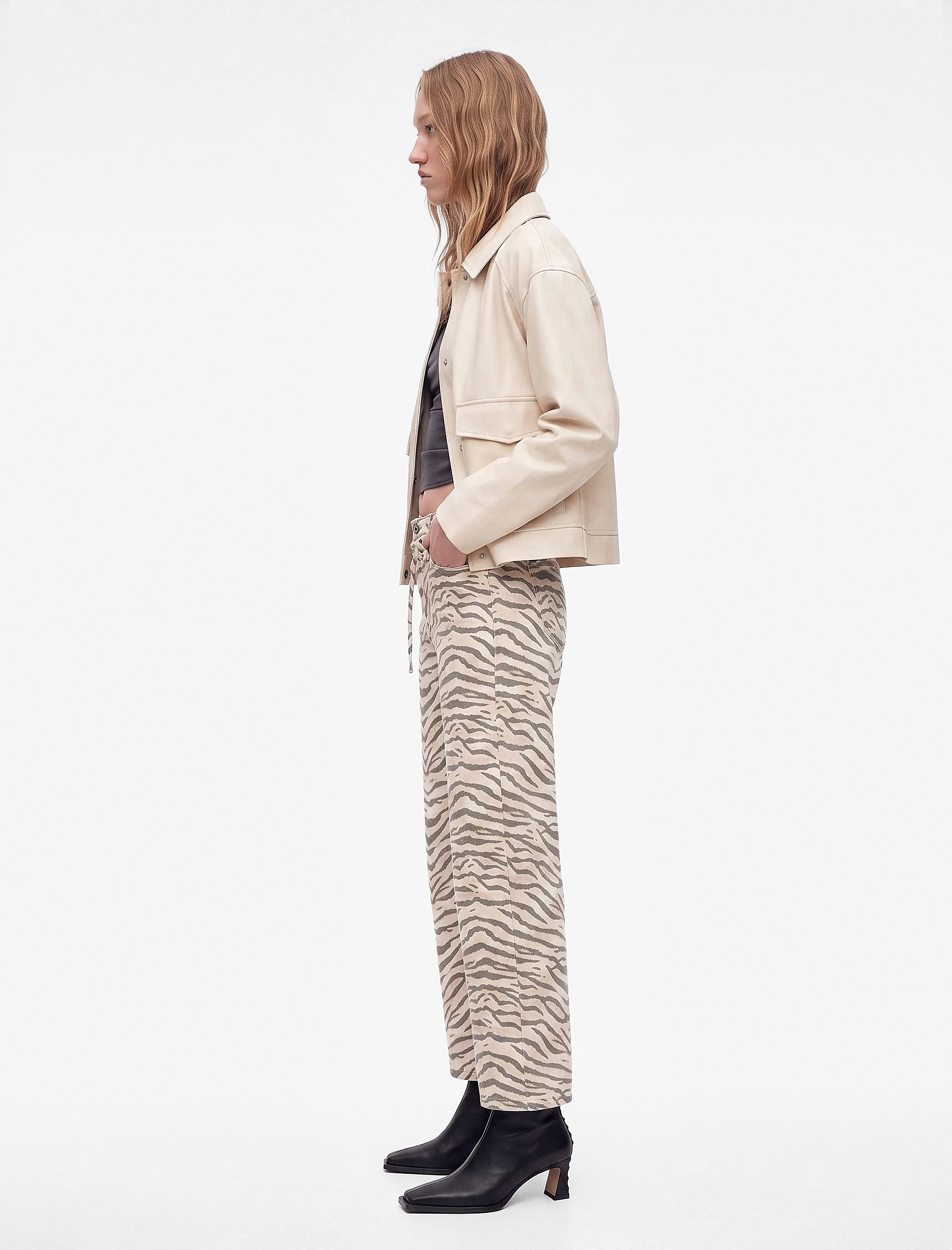 Koton Cepli Zebra Desenli Normal Bel Bağcıklı Pamuklu Geniş Paça Denim Pantolon - Wide Leg Jeans görsel 2