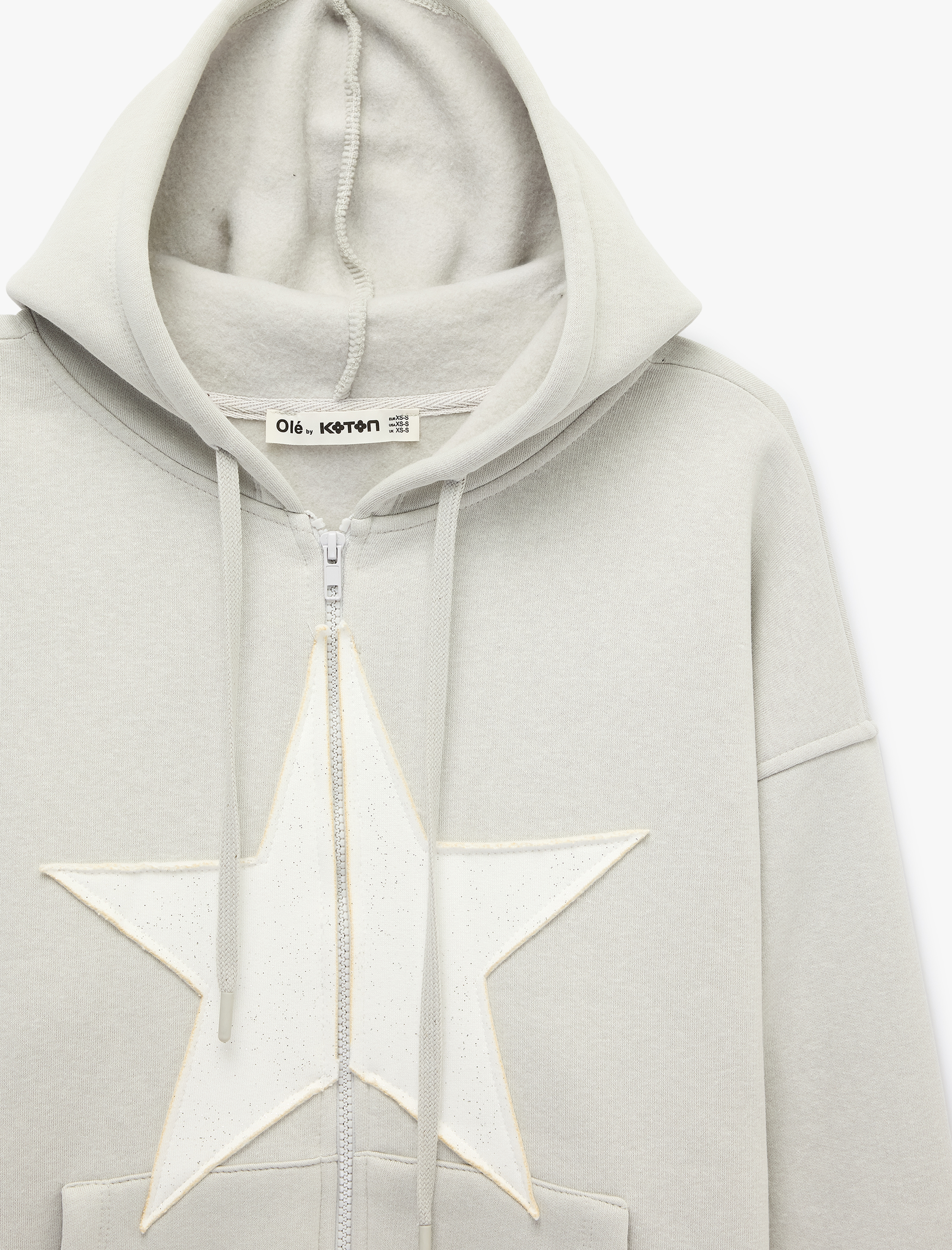 Koton Üç İplik Şardonlu Yıldız İşlemeli Kanguru Cepli Kapüşonlu Fermuarlı Oversize Sweatshirt görsel 7