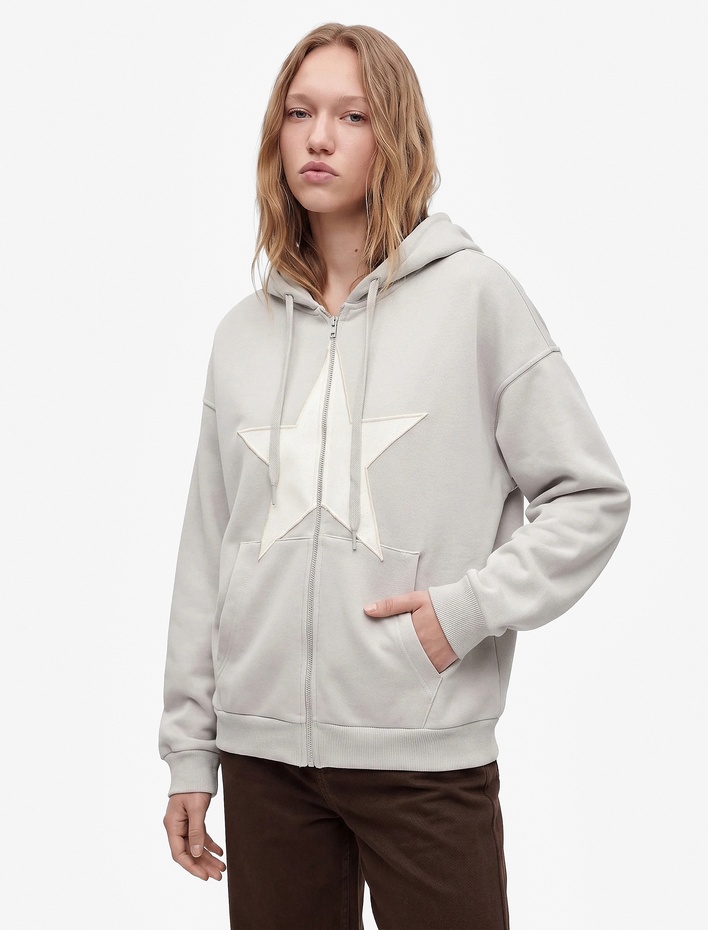  Üç İplik Şardonlu Yıldız İşlemeli Kanguru Cepli Kapüşonlu Fermuarlı Oversize Sweatshirt