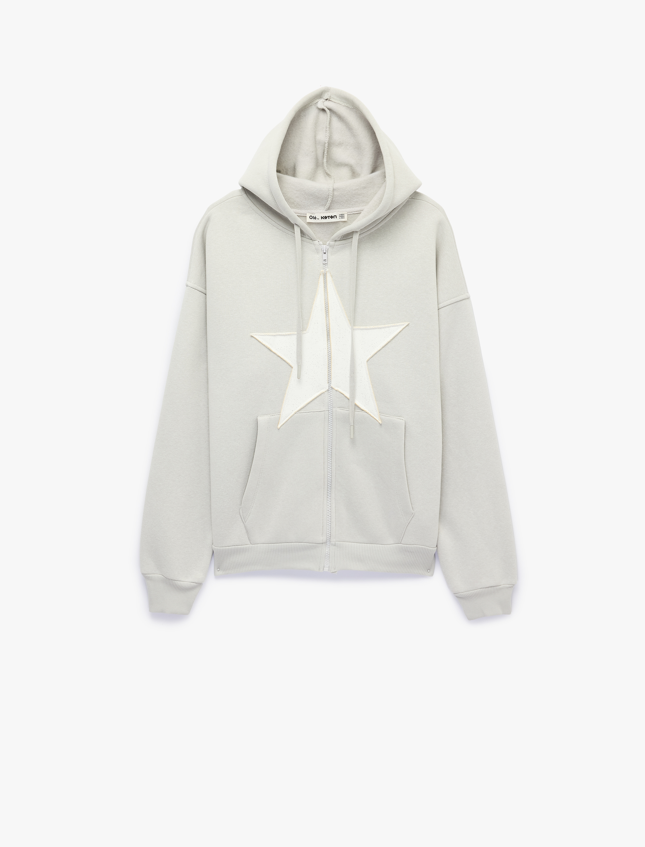 Koton Üç İplik Şardonlu Yıldız İşlemeli Kanguru Cepli Kapüşonlu Fermuarlı Oversize Sweatshirt görsel 5