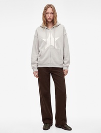 Üç İplik Şardonlu Yıldız İşlemeli Kanguru Cepli Kapüşonlu Fermuarlı Oversize Sweatshirt
