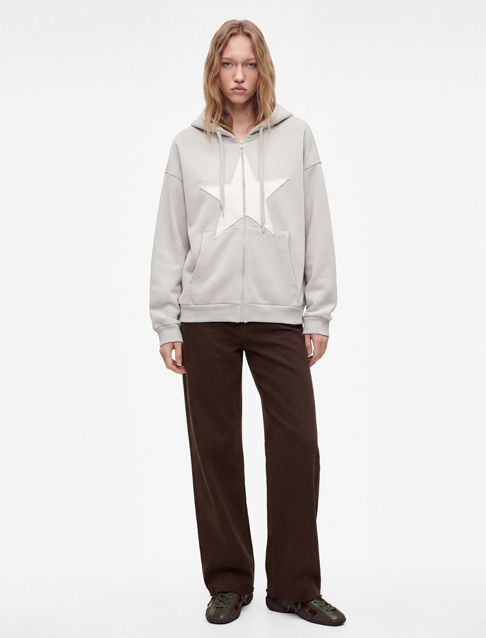  Üç İplik Şardonlu Yıldız İşlemeli Kanguru Cepli Kapüşonlu Fermuarlı Oversize Sweatshirt