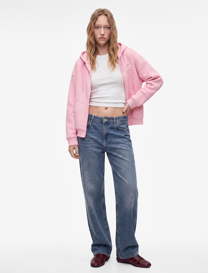  Üç İplik Şardonlu Arkası Melek Baskılı Kanguru Cepli Fermuarlı Kapüşonlu Oversize Sweatshirt