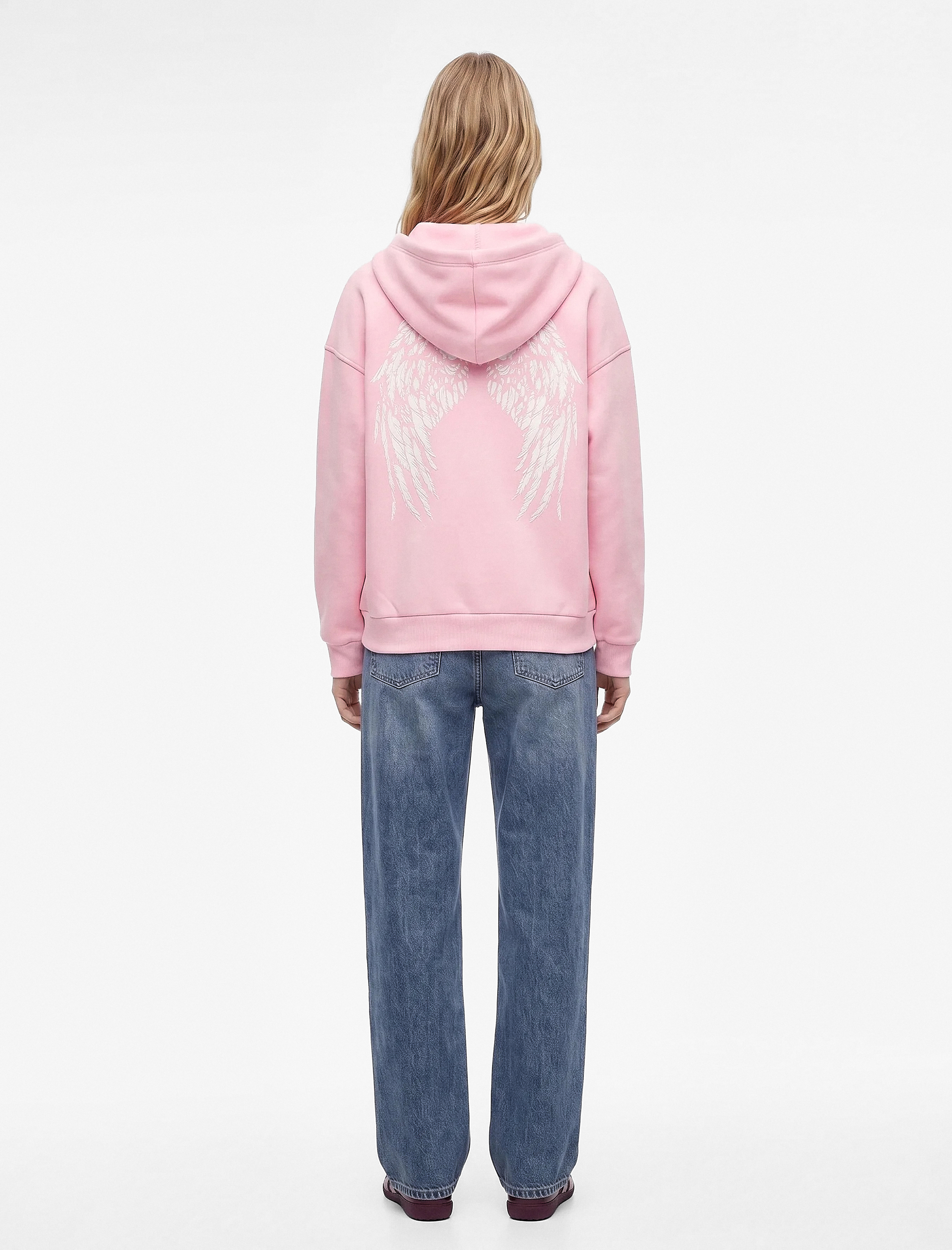 Koton Üç İplik Şardonlu Arkası Melek Baskılı Kanguru Cepli Fermuarlı Kapüşonlu Oversize Sweatshirt görsel 3