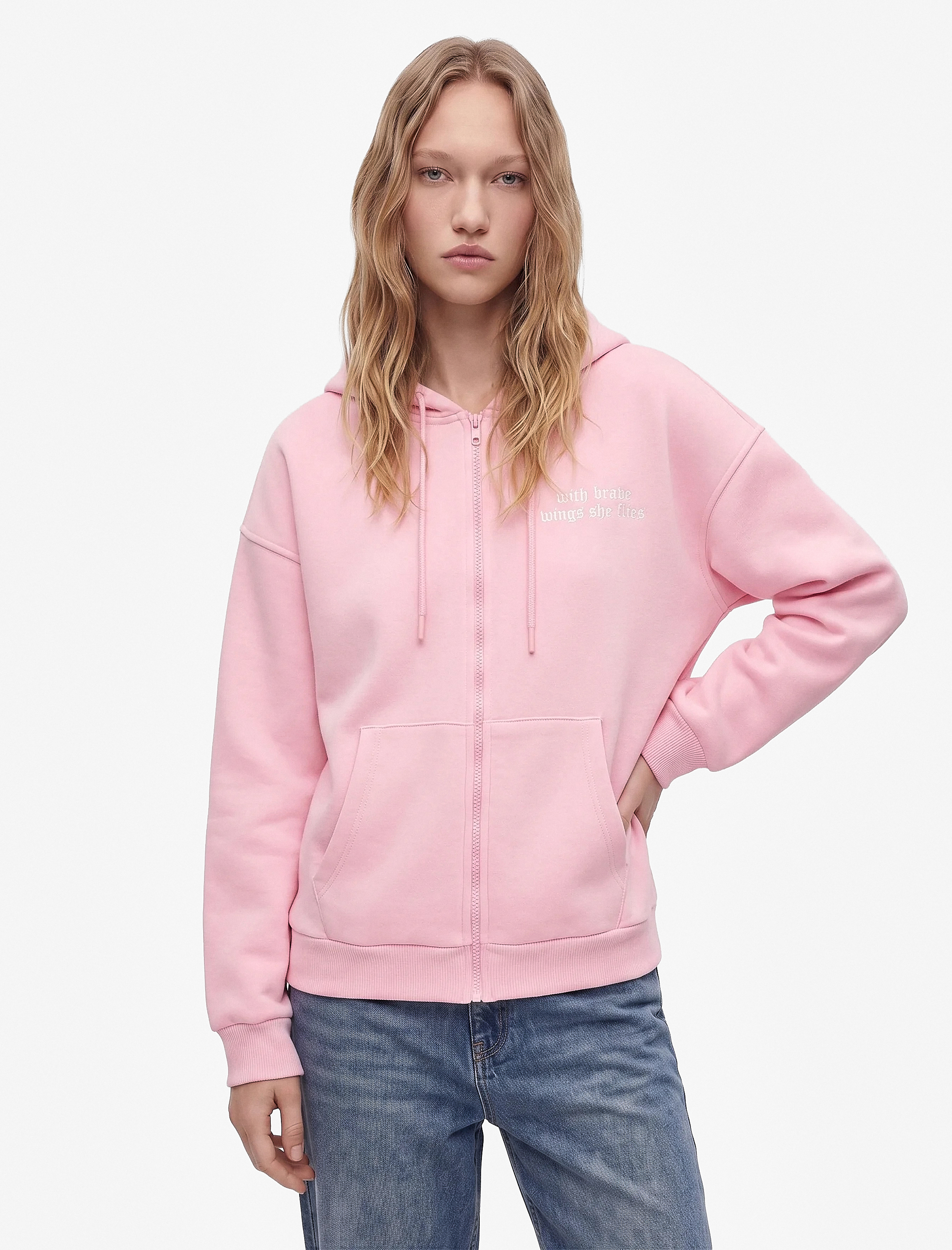 Koton Üç İplik Şardonlu Arkası Melek Baskılı Kanguru Cepli Fermuarlı Kapüşonlu Oversize Sweatshirt görsel 2
