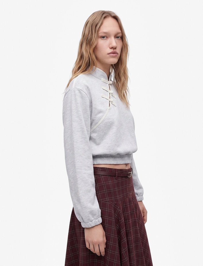  Şardonlu Rahat Kalıp Kurbağa Kapama Detaylı Süslü Düğmeli Mandarin Yaka Sweatshirt