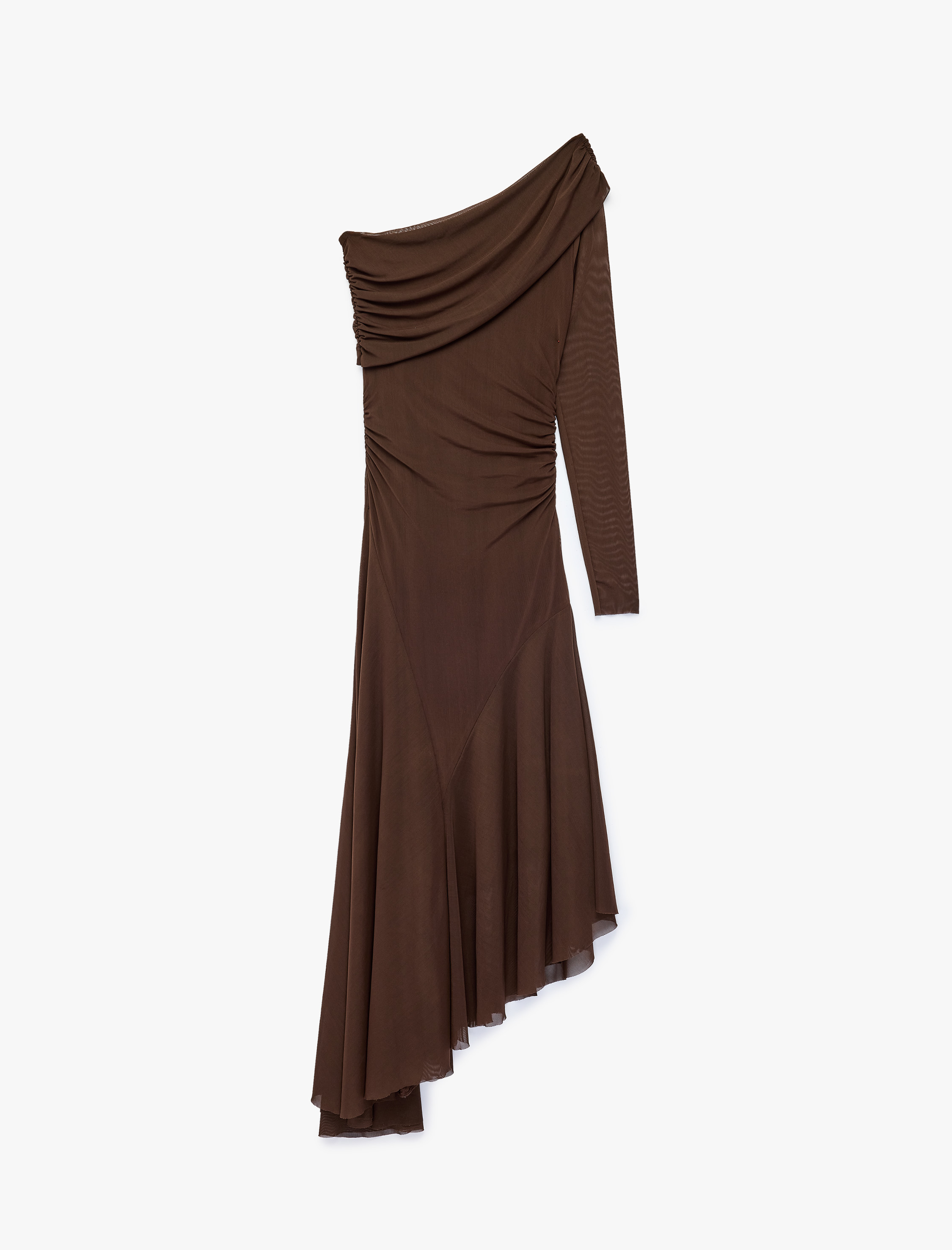   Asimetrik Kesim Drape Detaylı Volümlü Uzun Kollu Tek Omuz Tül Elbise