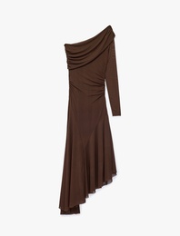 Asimetrik Kesim Drape Detaylı Volümlü Uzun Kollu Tek Omuz Tül Elbise