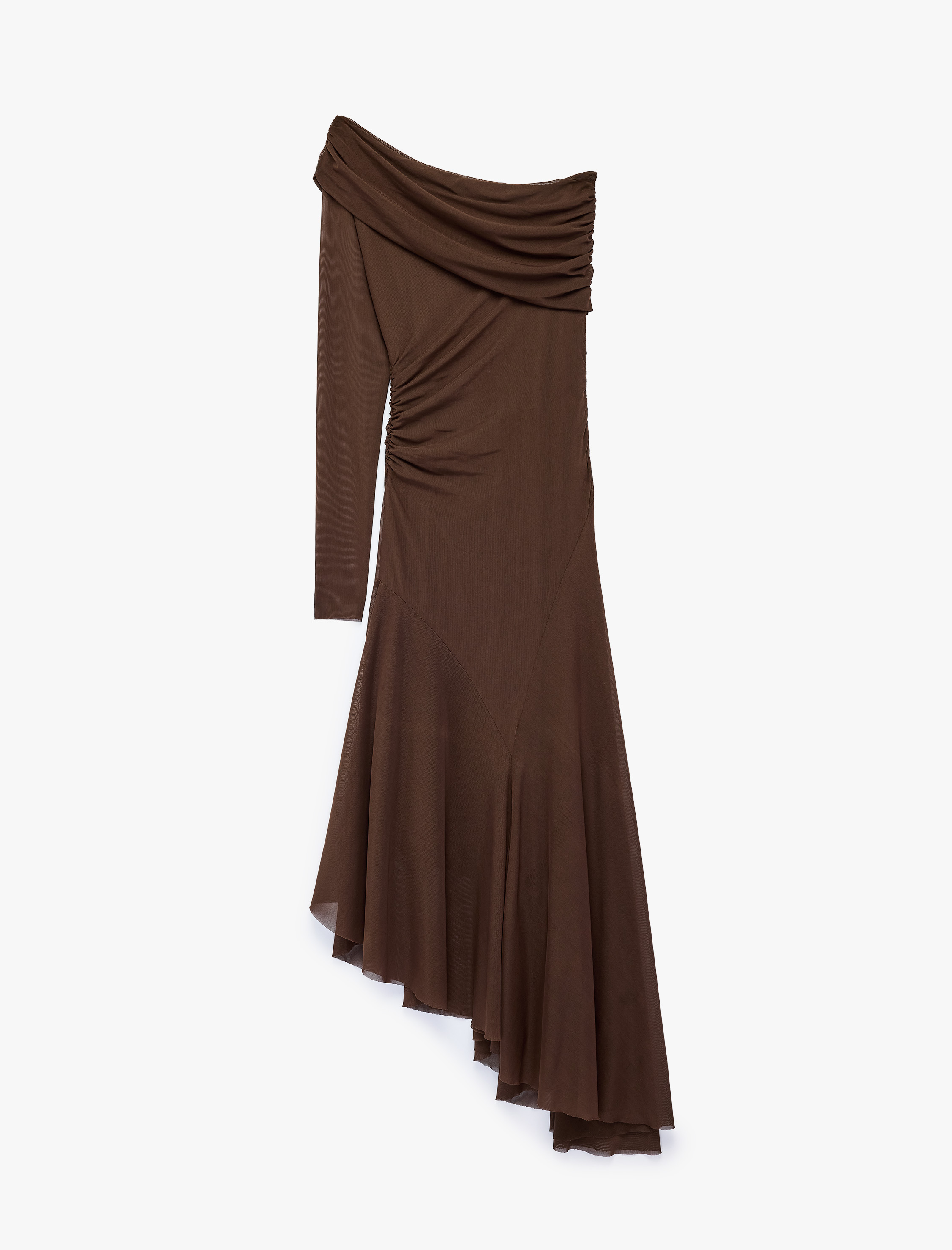   Asimetrik Kesim Drape Detaylı Volümlü Uzun Kollu Tek Omuz Tül Elbise