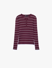 Uzun Kollu Bisiklet Yaka Çizgili Henley Yaka Triko Kazak