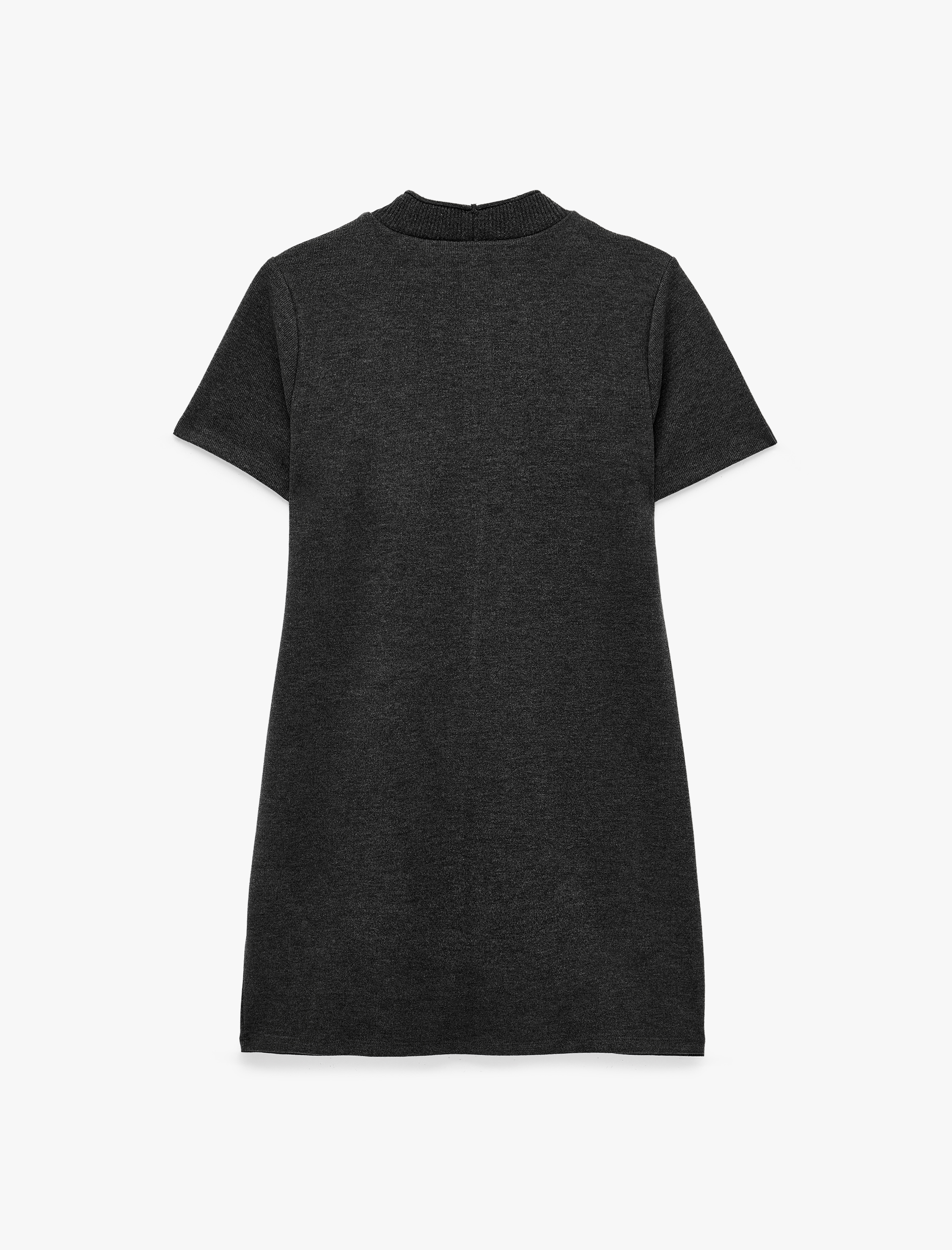   Nervürlü Slim Fit Dik Yaka Kısa Kollu Mini Elbise