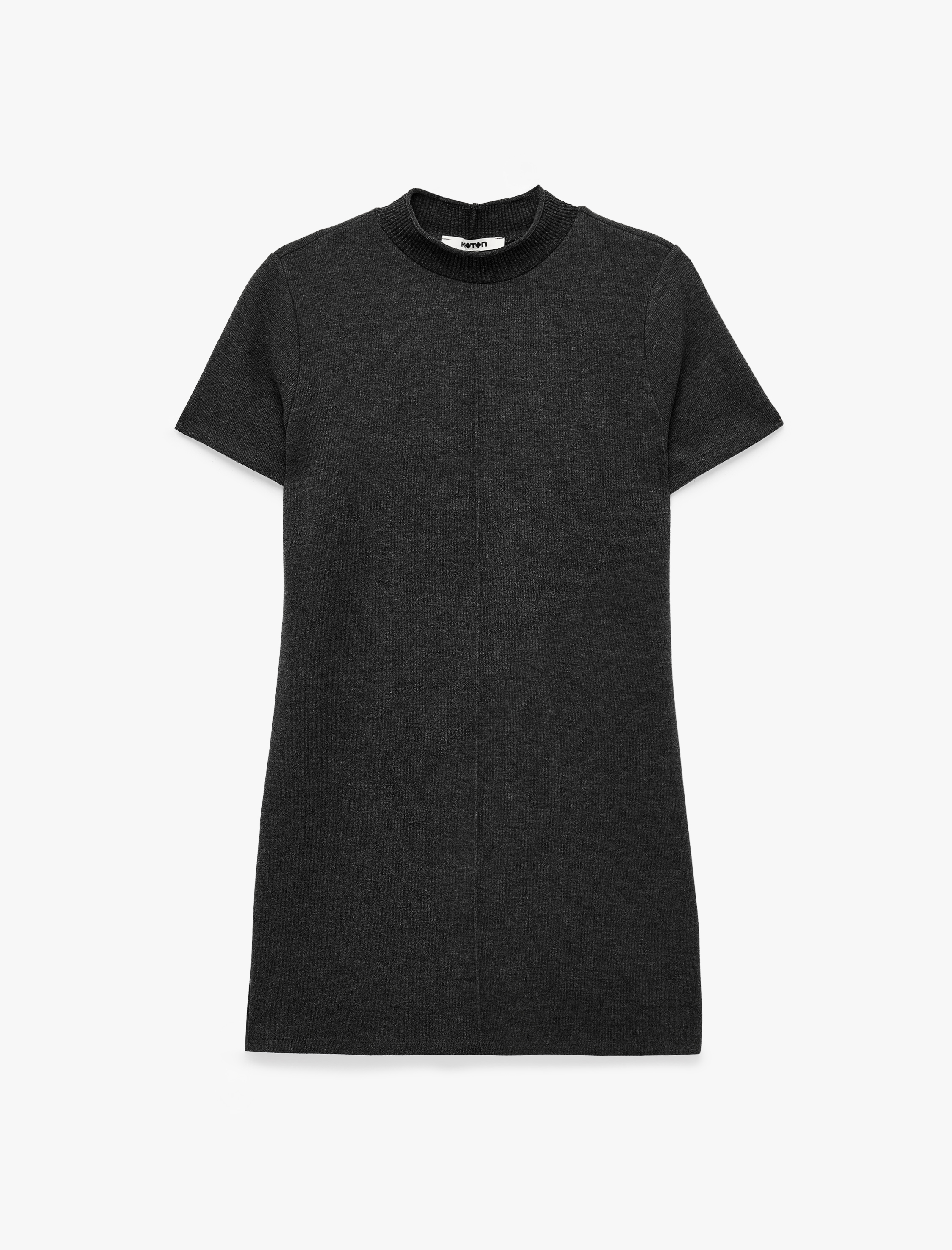   Nervürlü Slim Fit Dik Yaka Kısa Kollu Mini Elbise