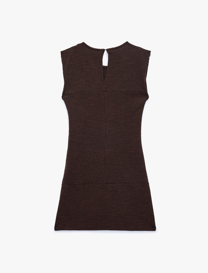  Slim Fit Kolsuz Bisiklet Yaka Süslü Düğmeli Napolyon Kapama Tüvit Mini Elbise