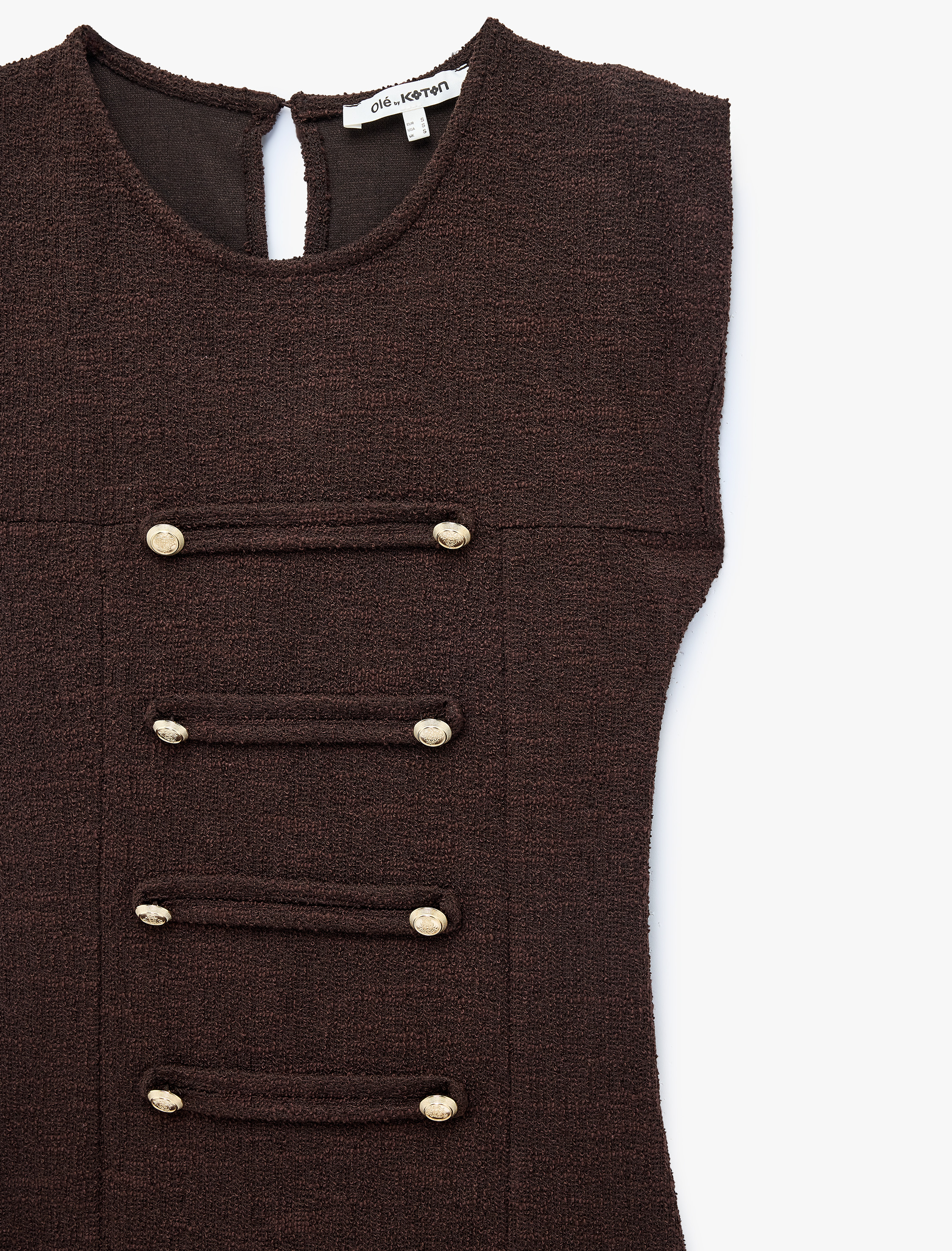   Slim Fit Kolsuz Bisiklet Yaka Süslü Düğmeli Napolyon Kapama Tüvit Mini Elbise