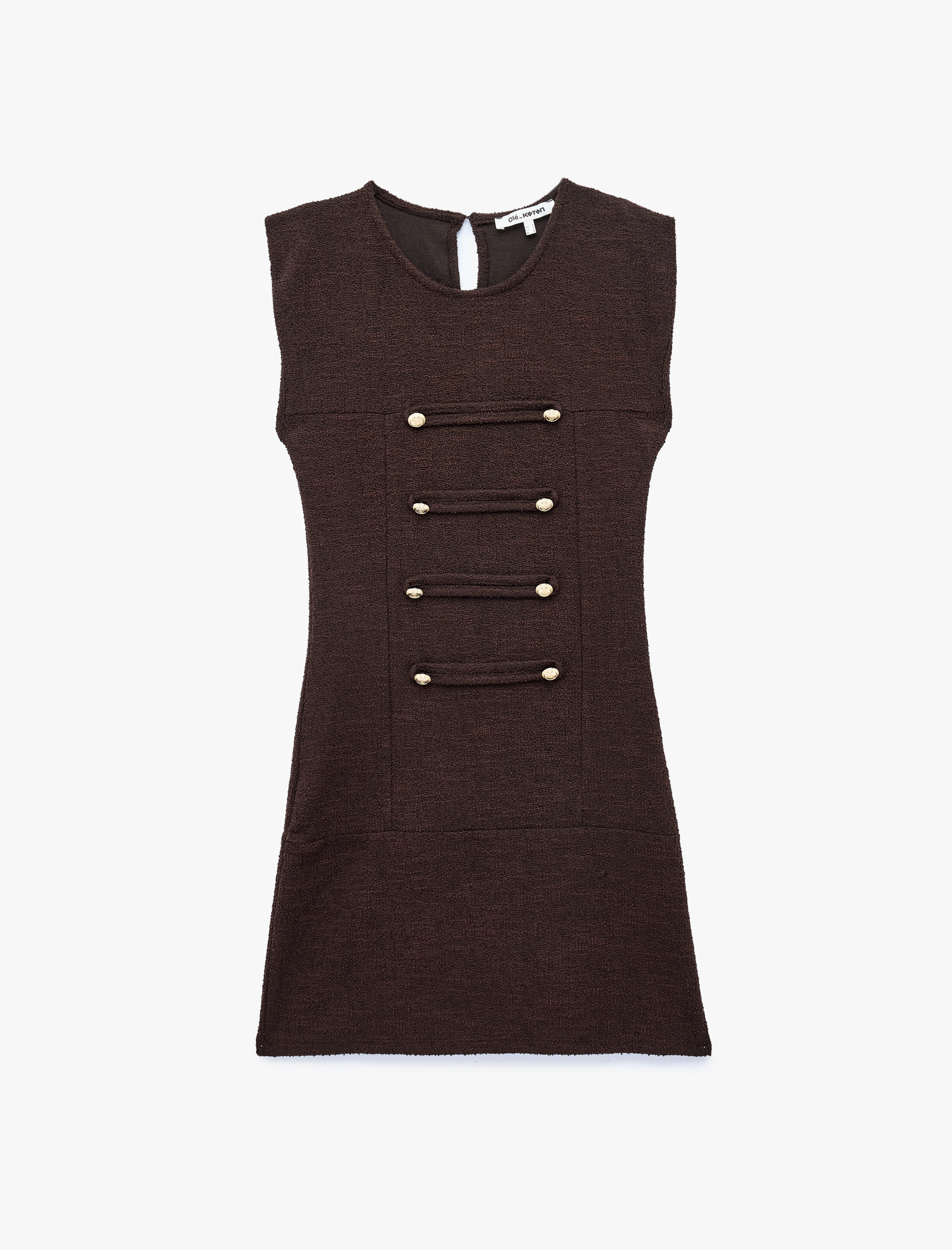   Slim Fit Kolsuz Bisiklet Yaka Süslü Düğmeli Napolyon Kapama Tüvit Mini Elbise