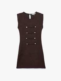 Slim Fit Kolsuz Bisiklet Yaka Süslü Düğmeli Napolyon Kapama Tüvit Mini Elbise