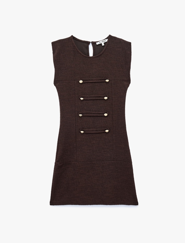  Slim Fit Kolsuz Bisiklet Yaka Süslü Düğmeli Napolyon Kapama Tüvit Mini Elbise