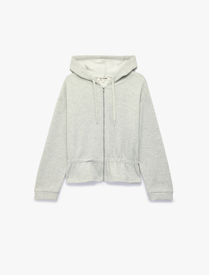  Büzgülü Slim Fit Şardonlu Uzun Kollu Kapüşonlu Fermuarlı Sweatshirt