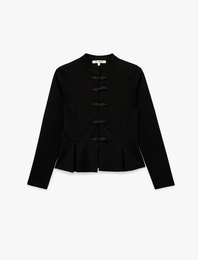 Mandarin Yaka Süslü Düğme Detaylı Slim Fit Uzun Kollu Krep Tişört