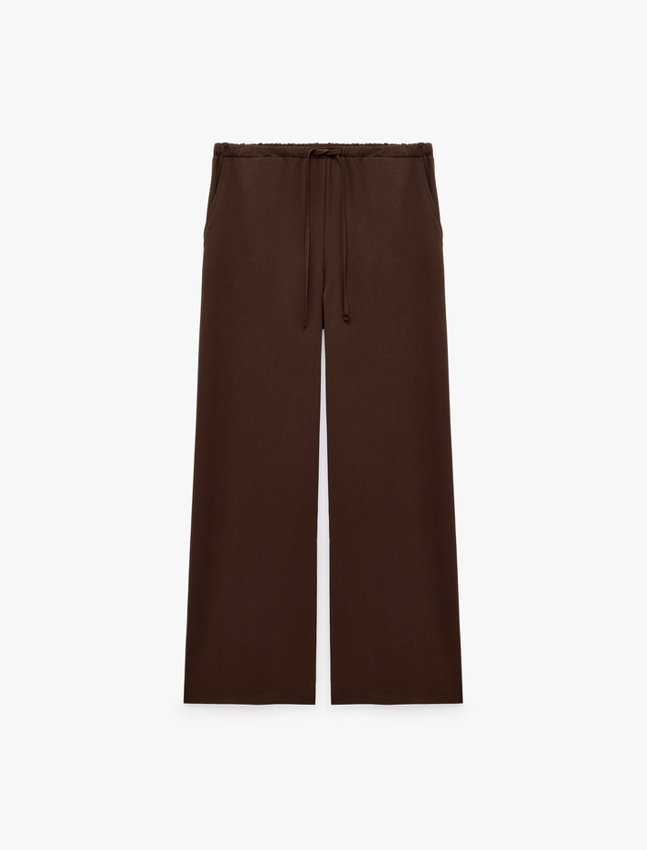  Viskon Karışımlı Beli Bağcıklı Cepli Rahat Kalıp Geniş Paça Pantolon