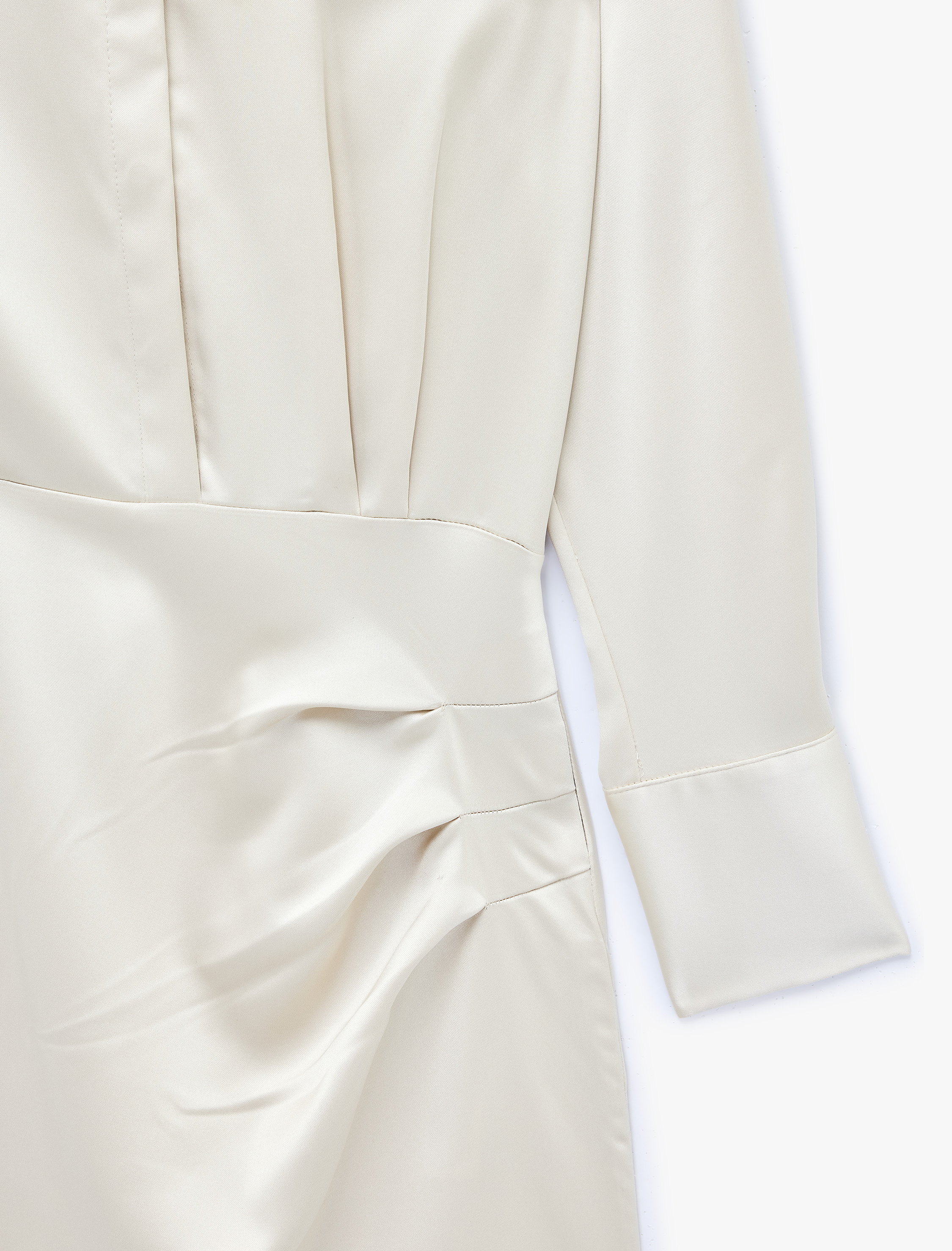   Klasik Yaka Uzun Kollu Drape Detaylı Saten Mini Elbise