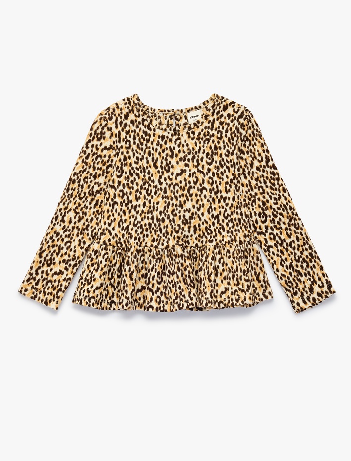 Kız Bebek Leopar Desenli Fırfır Detaylı Bisiklet Yaka Uzun Kollu Tişört