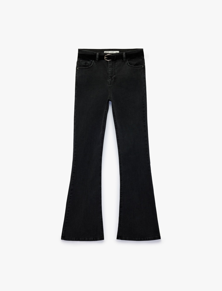  Normal Bel Kemer Detaylı Pamuklu Dar Kesim İspanyol Paça Denim Pantolon - Flare Jeans