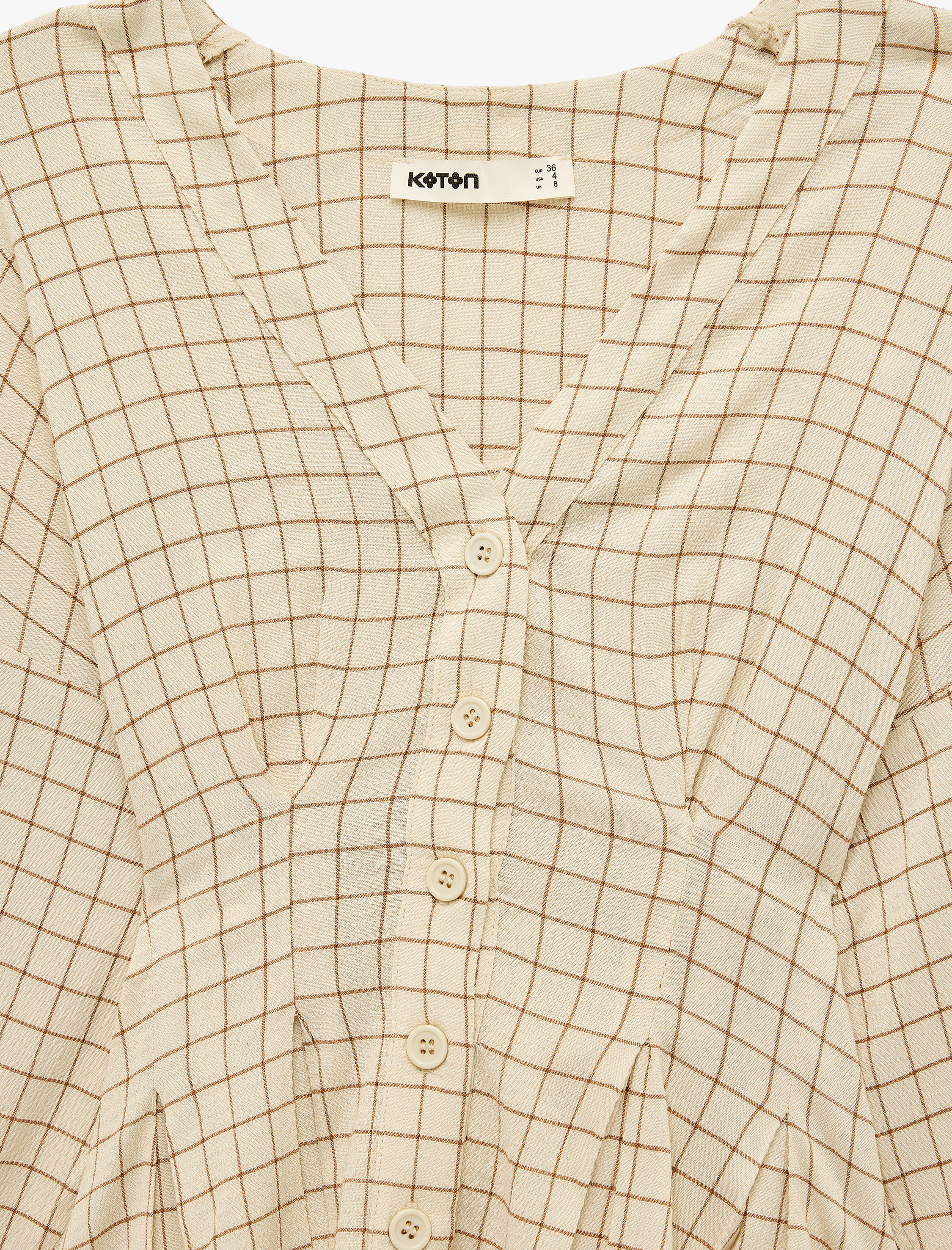 Koton Slim Fit Viskon Uzun Kollu Düğmeli V Yaka Pileli Bel Vurgulu Kareli Gömlek görsel 3