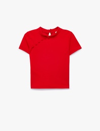 Düğmeli Slim Fit Kısa Kollu Dik Yaka Bluz