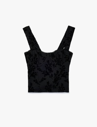Slim Fit Kadife Çiçek Desenli Balenli Kalın Askılı Tül Bluz