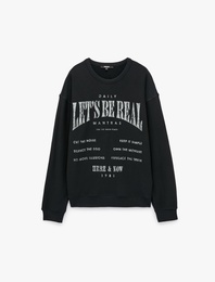Üç İplik Pamuklu Uzun Kollu Bisiklet Yaka Oversize Baskılı Sweatshirt
