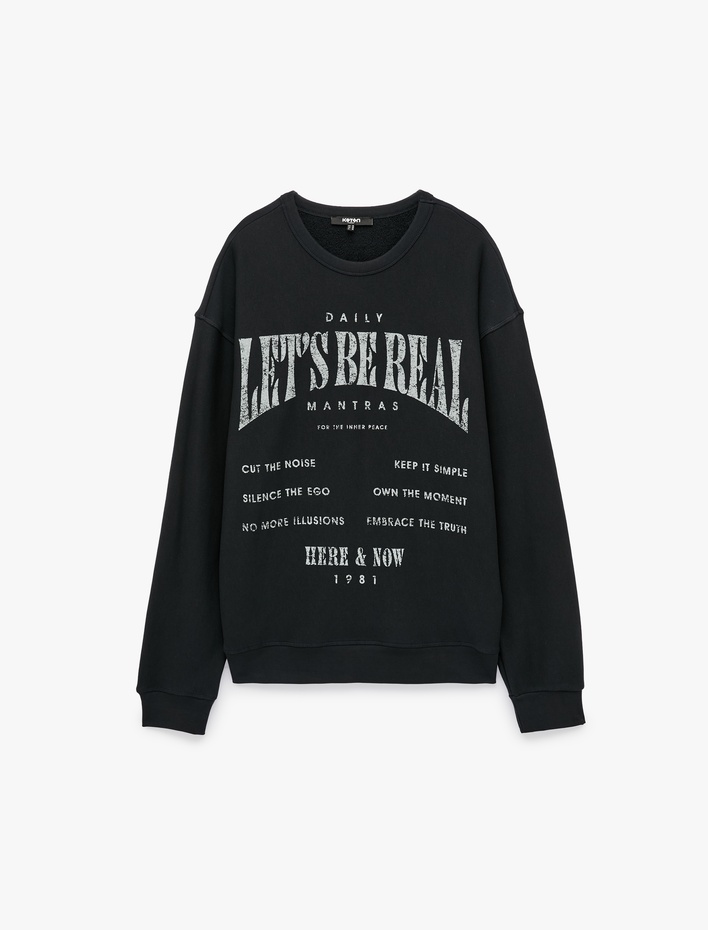  Üç İplik Pamuklu Uzun Kollu Bisiklet Yaka Oversize Baskılı Sweatshirt