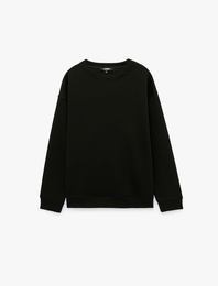 Pamuklu Üç İplik Şardonlu Uzun Kollu Oversize Bisiklet Yaka Sweatshirt